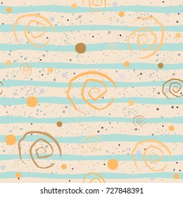 Cute Pattern with Golden spirals with pastel blue stripes on beige background with tiny dots. Hand Drawn Design. Great for wall art design, gift paper, wrapping, fabric, textile, etc.