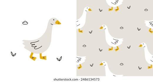 Cute pattern with goose and doodle elements