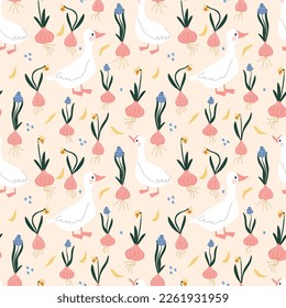 Cute pattern with goose,daffodils and muscari.  Floral spring background