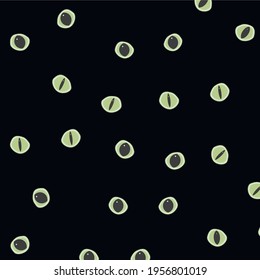 Cute pattern with green cat eyes on a black background. Darkness with eyes. Illustration for children room, education, posters, textile, wallpaper, wrapping paper.