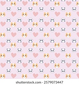 Cute Pattern with Guinea Pig and Panda Faces, Pink Hearts