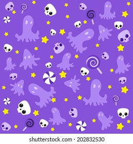 Cute pattern for Halloween with ghosts, sweets, skulls and stars