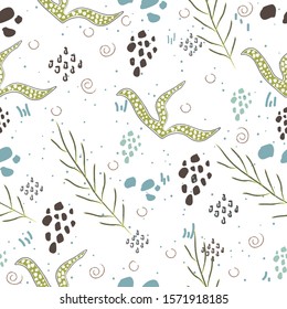 Cute Pattern with hand drawn algae. Scandinavian Style.
