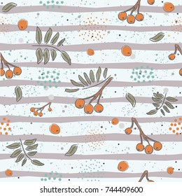 Cute Pattern with hand drawn berries of rowan and pastel brown stripes on beige background with tiny dots. Hand Drawn Design. Great for wall art design, gift paper, wrapping, fabric, textile, etc.