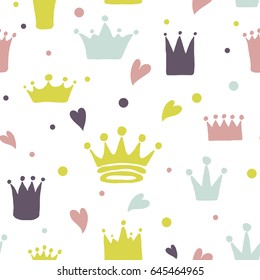 Cute pattern with hand drawn crowns and hearts.
Template design for young princess or prince.
Vector illustration.