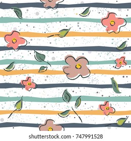 Cute Pattern with hand drawn flowers and multicolored stripes on white background with tiny dots. Hand Drawn Design. Great for wall art design, gift paper, wrapping, fabric, textile, etc.