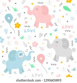 Cute pattern with happy elephants. The gentle and light pattern is ideal for greeting cards, children's textiles, decorating children's rooms and more