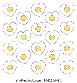 Cute pattern with heart shaped fried eggs on a white background.