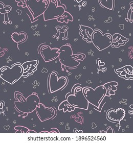Cute pattern with hearts and birds. Pink drawing on a gray background. Sketch hearts with wings, birds with a heart. Funny patern for children.