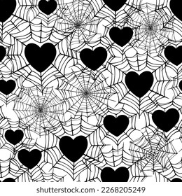 Cute pattern of hearts entangled in cobwebs