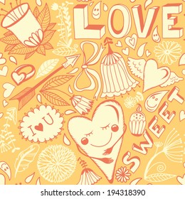 Cute pattern with hearts, hand drawn letters, flowers and other sweet elements.