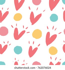 Cute pattern with hearts and polka dots. Vector background in pastel colors.
