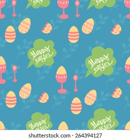 Cute pattern for the holiday with decorated eggs and the words "Happy Easter"