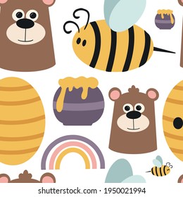 Cute pattern with honey, bear, bee and rainbow. Cute cartoon animal. Can be used for book illustrations, wallpapers and other items.