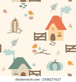 Cute pattern with houses and pumpkins, autumn seamless textile print