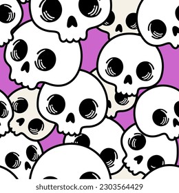 Cute pattern of human skulls. Funny skull faces. Monochrome ornament. Scary Halloween pattern. Suitable for printing on fabric. Cute skulls. Halloween seamless illustration.
