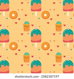 Cute Pattern with Ice Cream Popsicles, Donuts, and Smiling Cups