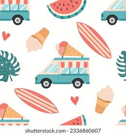 Cute pattern with an ice cream van and summer elements