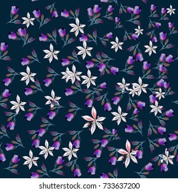 Cute pattern illustration with purple flowers in vintage style for design