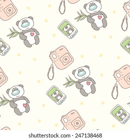 Cute pattern with the image of a panda, camera, photo, heart and stars