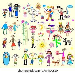 Cute pattern with infant drawings. Happy family, me and my parents, brother and sister, cat and dog, flower, gifts, holidays, cakes, sun, moon and other funny children's drawings.
