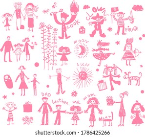 Cute pattern with infant drawings. Happy family, me and my parents, brother and sister, cat and dog, flower, gifts, holidays, cakes, sun, moon and other funny children's drawings.
