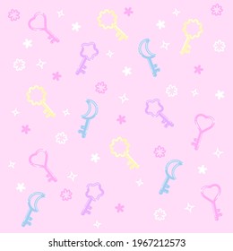 Cute pattern with keys and flowers on a pink background.
