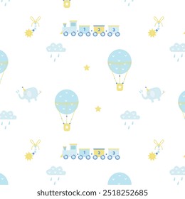 cute pattern for kids room with train, balloon, stars and clouds