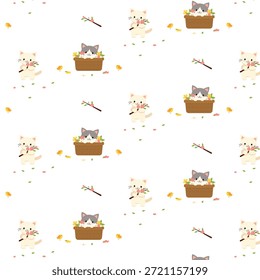A cute pattern with a kitten sitting in a basket of flowers and a kitten holding a spring branch. Children's textiles for wallpaper in a child's room and gift paper. Birthday.