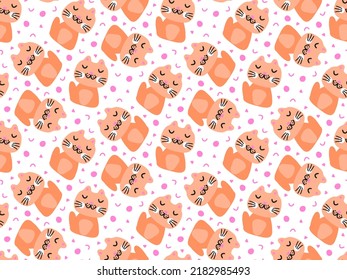 Cute pattern with kittens for kids. Pets are napping, smiling. Seamless texture with hand drawn cartoon animals for baby fabrics, infant textile. Nursery wallpaper with kittens on white background. 