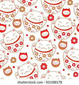 Cute pattern with kittens Maneki Neko, bringing wealth and prosperity. Vector illustration.