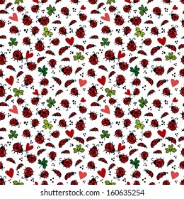 Cute pattern with ladybirds, hearts & clover