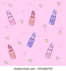 Cute pattern with lipstick and hearts on a pink background

