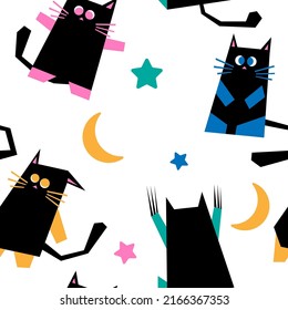 Cute pattern of a little black cat having fun.