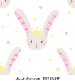 cute pattern with little bunny girl princess on dotted background, for baby and kid design, seamless vector