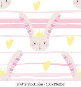 cute pattern with little bunny girl princess on striped background with hearts, for baby and kid design, seamless vector