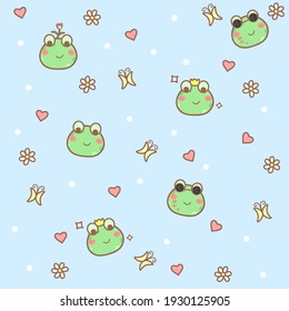 Cute pattern with little frogs, flowers and hearts.