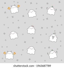 Cute pattern with little ghosts on a gray background.
