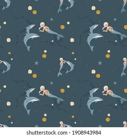 Cute pattern for little princesses with beautiful mermaids and dolphins. Seamless pattern for kid designs, party decorations, wrapping, packaging, scrapbooking, textile.