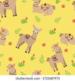 Cute pattern with llama on a yellow background with floral elements