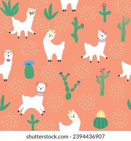 Cute pattern with llamas, cacti, Alps mountains, dream catcher, rainbows and hearts. Children's room design, printed fabric, wallpaper, packaging