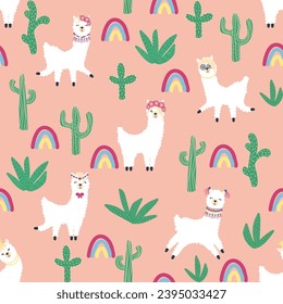 Cute pattern with llamas, cacti, Alps mountains, dream catcher, rainbows and hearts. Children's room design, printed fabric, wallpaper, packaging