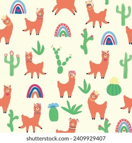 Cute pattern with llamas, cacti, Alps mountains, dream catcher, rainbows and hearts. Children's room design, printed fabric, wallpaper, packaging