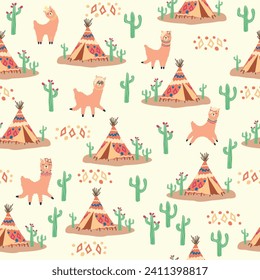 Cute pattern with llamas, cacti, Alps mountains, dream catcher, rainbows and hearts. Children's room design, printed fabric, wallpaper, packaging
