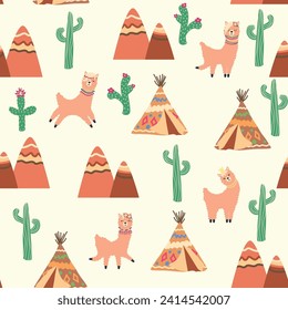 Cute pattern with llamas, cacti, Alps mountains, dream catcher, rainbows and hearts. Children's room design, printed fabric, wallpaper, packaging