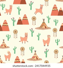 Cute pattern with llamas, cacti, Alps mountains, dream catcher, rainbows and hearts. Children's room design, printed fabric, wallpaper, packaging