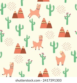 Cute pattern with llamas, cacti, Alps mountains, dream catcher, rainbows and hearts. Children's room design, printed fabric, wallpaper, packaging
