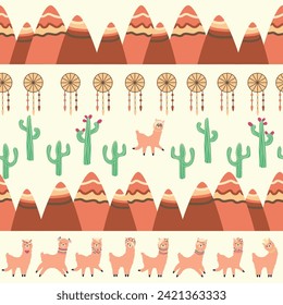 Cute pattern with llamas, cacti, Alps mountains, dream catcher, rainbows and hearts. Children's room design, printed fabric, wallpaper, packaging