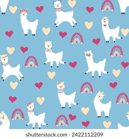 Cute pattern with llamas, cacti, Alps mountains, dream catcher, rainbows and hearts. Children's room design, printed fabric, wallpaper, packaging