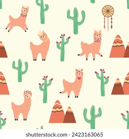 Cute pattern with llamas, cacti, Alps mountains, dream catcher, rainbows and hearts. Children's room design, printed fabric, wallpaper, packaging